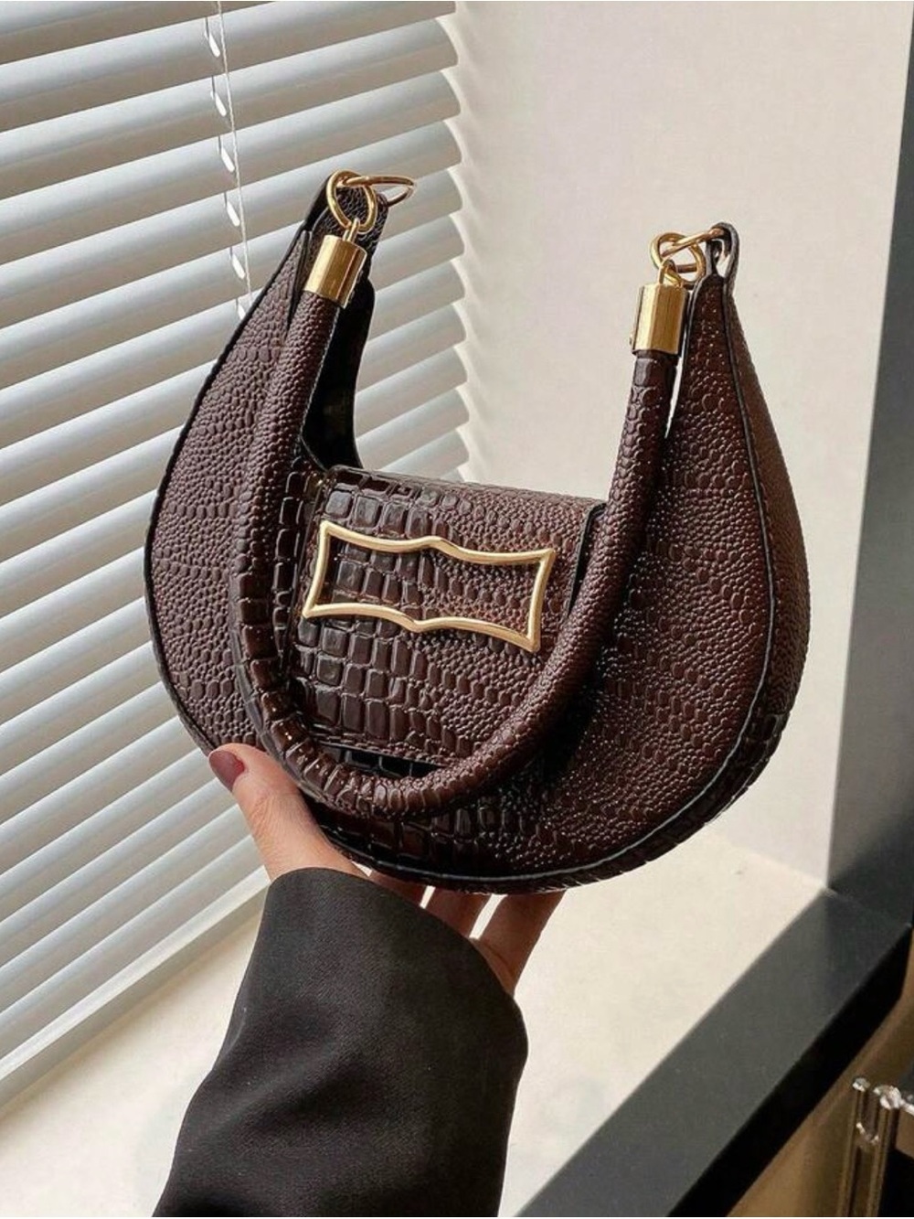 Brown Croc-Texture Crescent Shoulder Bag with Gold Hardware
